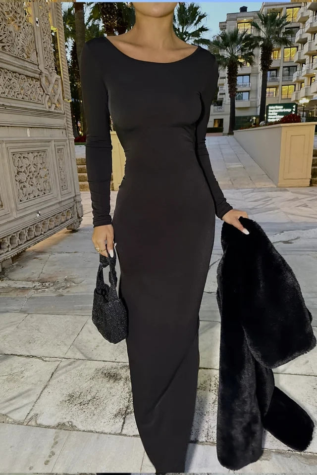 Long Sleeved Black Maxi Dress with Tie-Back Detail