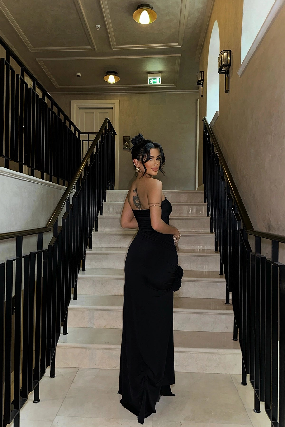 Rose Detailed Strapless Black Maxi Dress with Long-Slit Detail