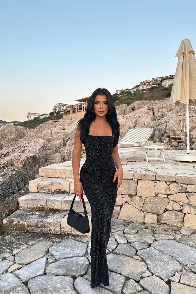 Shiny Stone Detailed Black Maxi Dress