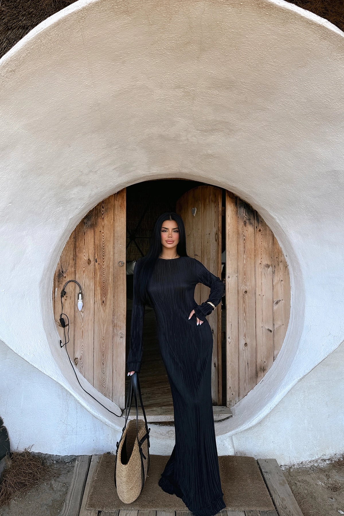 Long Sleeved Pleated Black Maxi Dress with Rounded Neckline