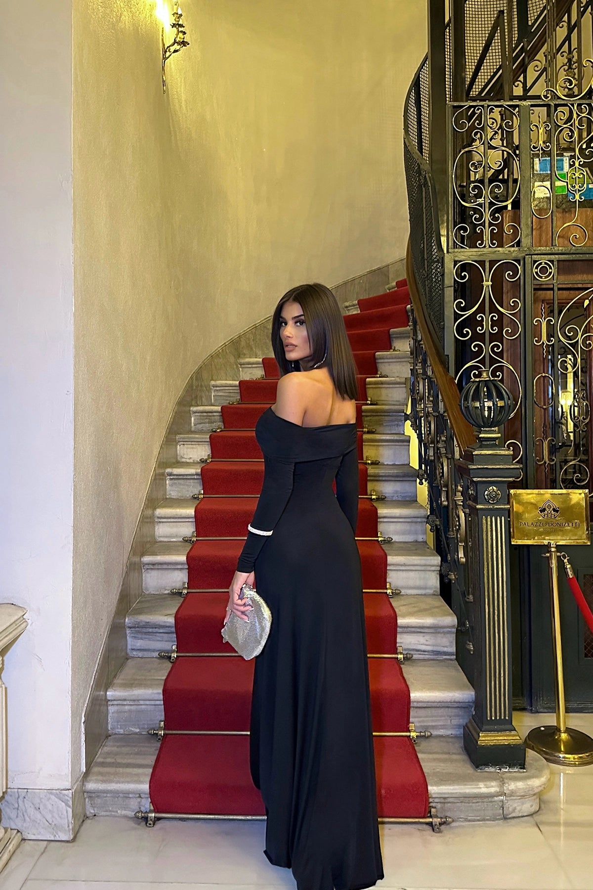 Off-Shoulder Long Sleeved Black Maxi Dress