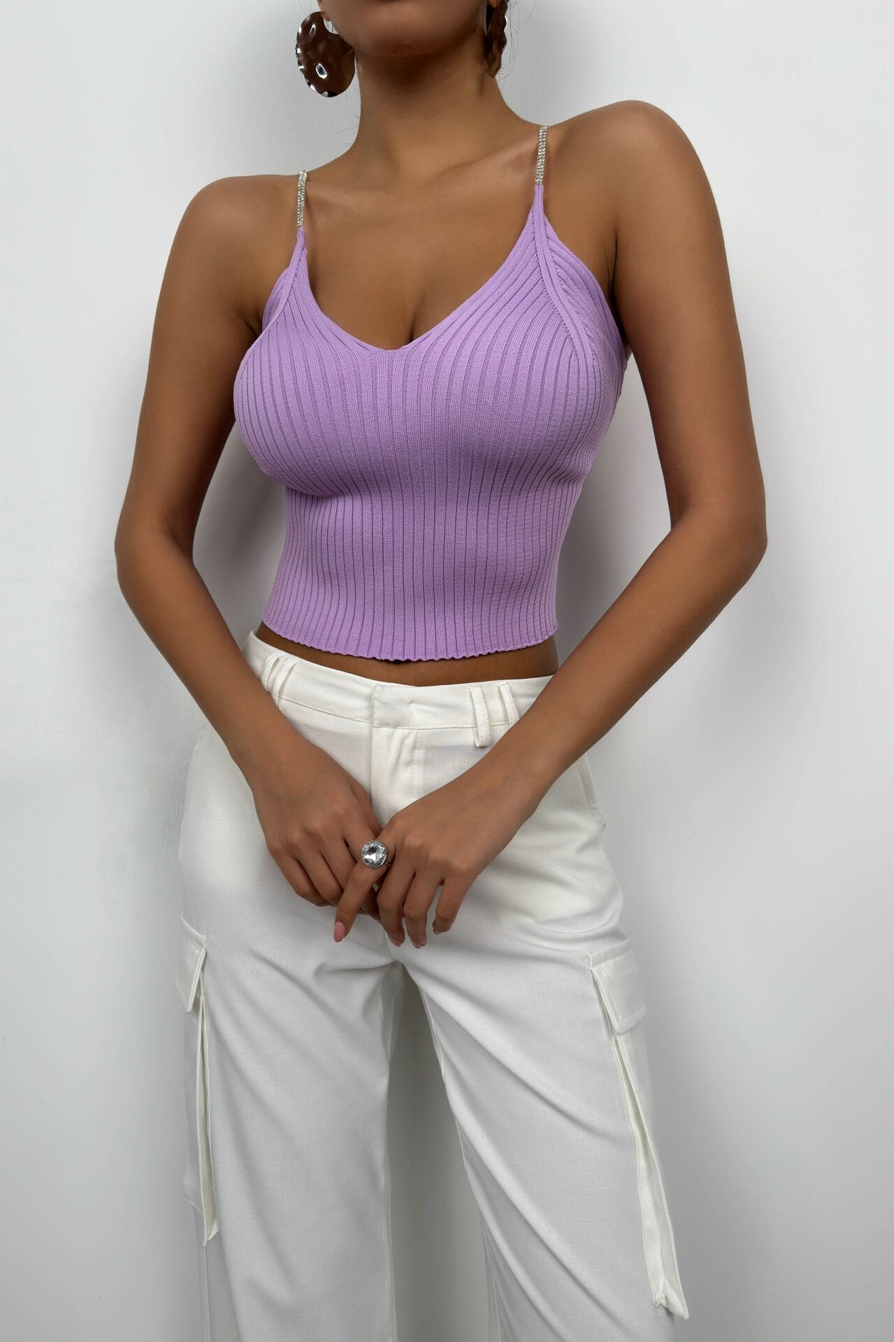 Steinriemen-Detail Lilac Strickbluse für Frauen