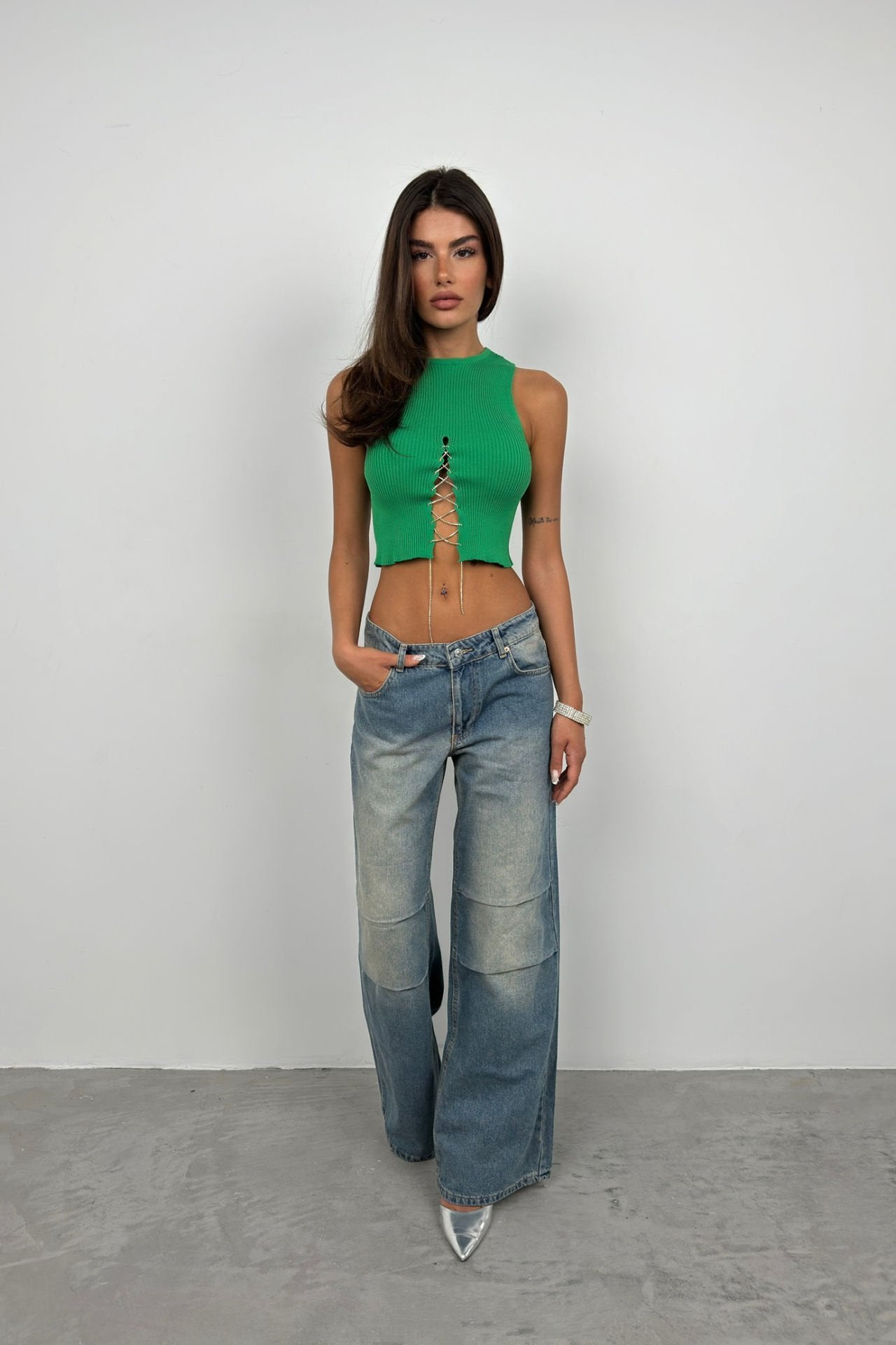 Green Crop Blouse with Stone Detail