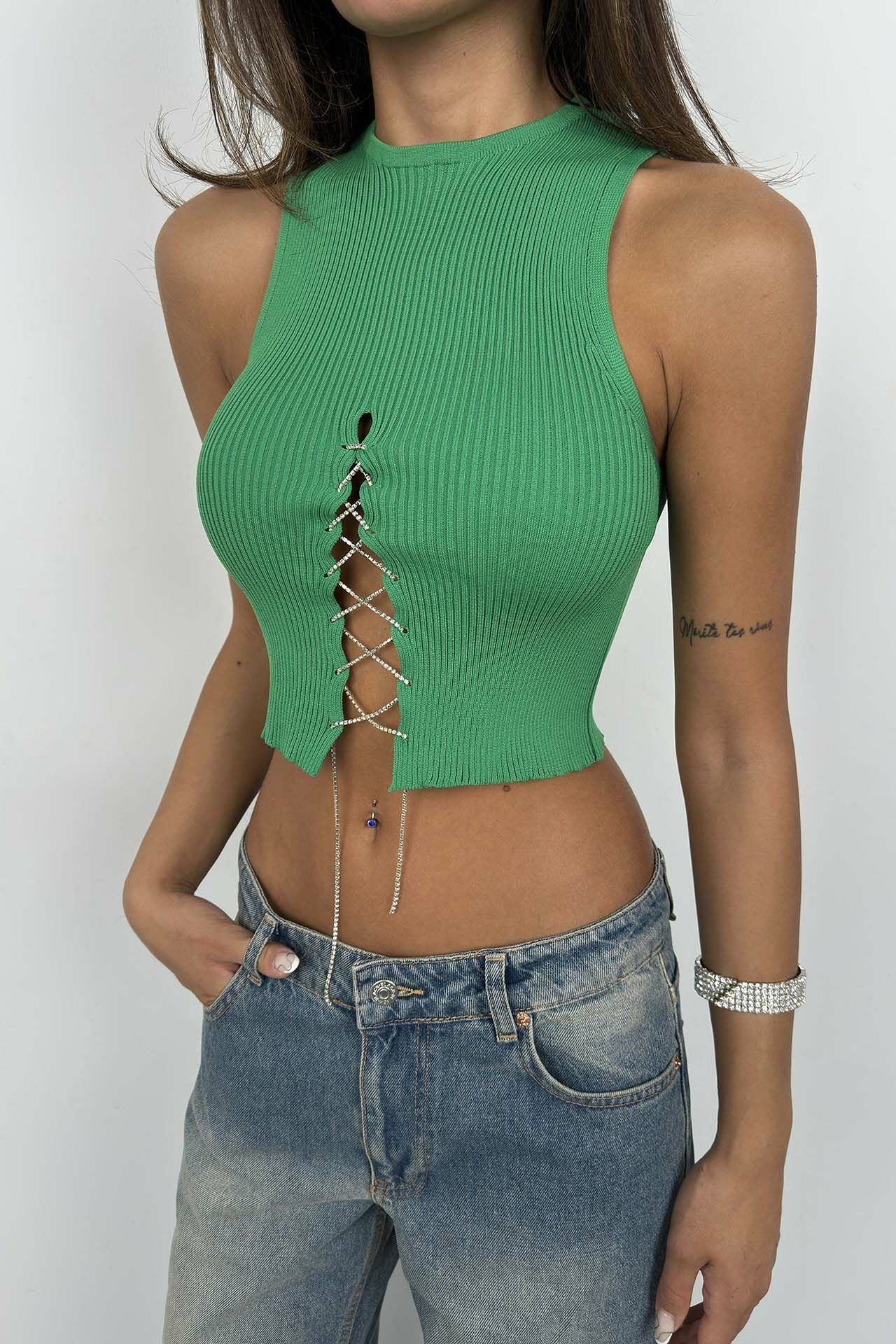 Green Crop Blouse with Stone Detail