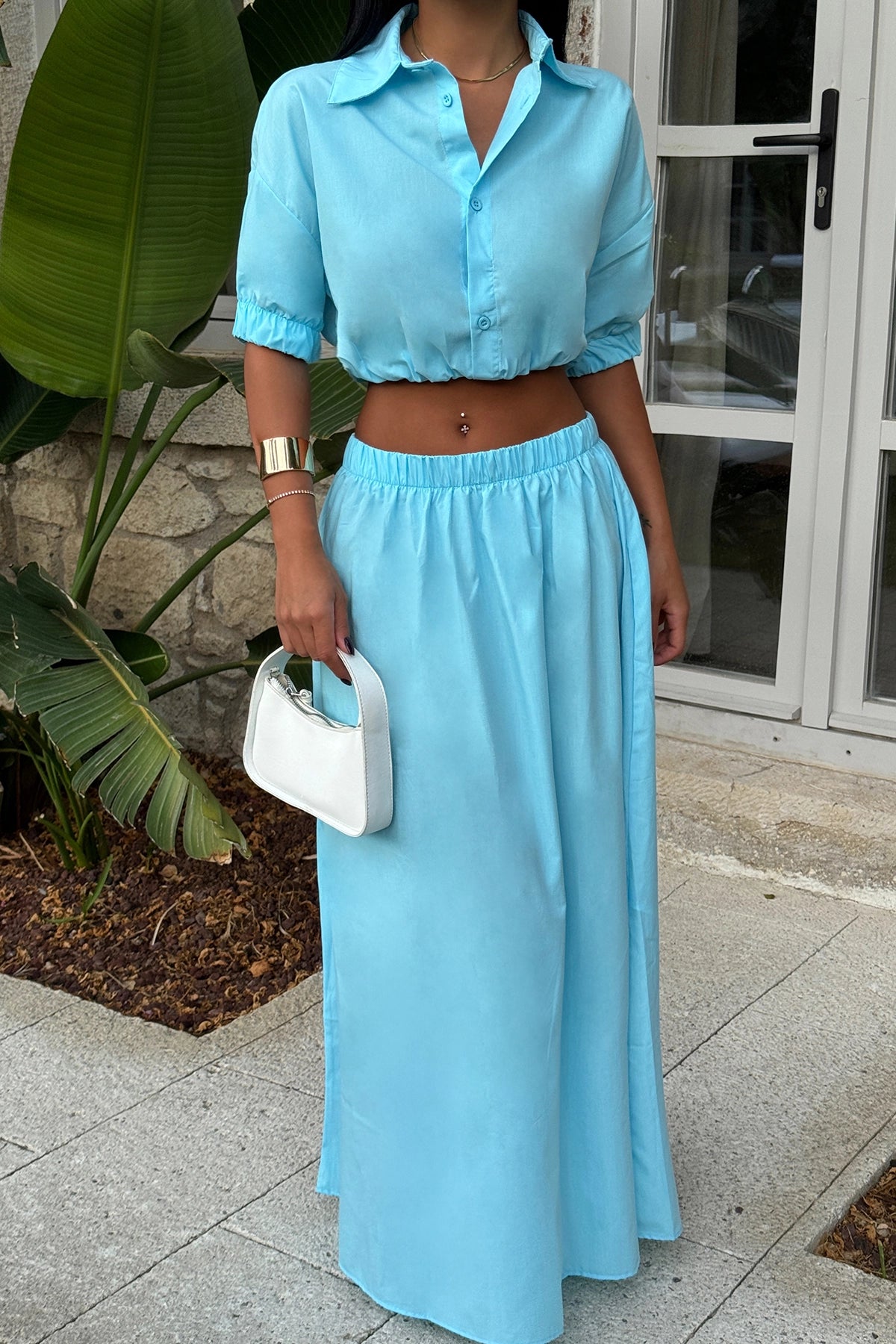 Button-Front Turquoise Set for Women