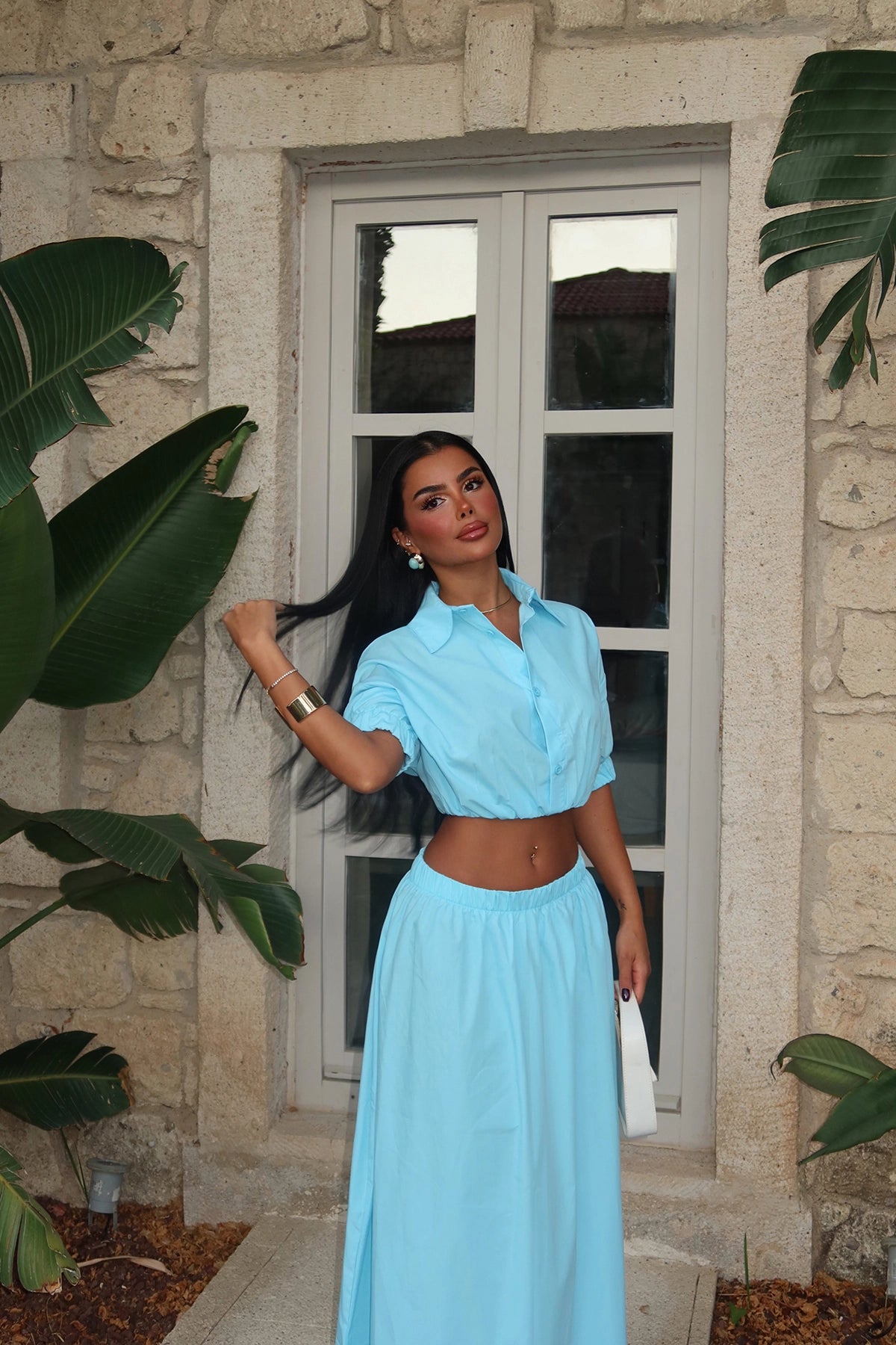 Button-Front Turquoise Set for Women