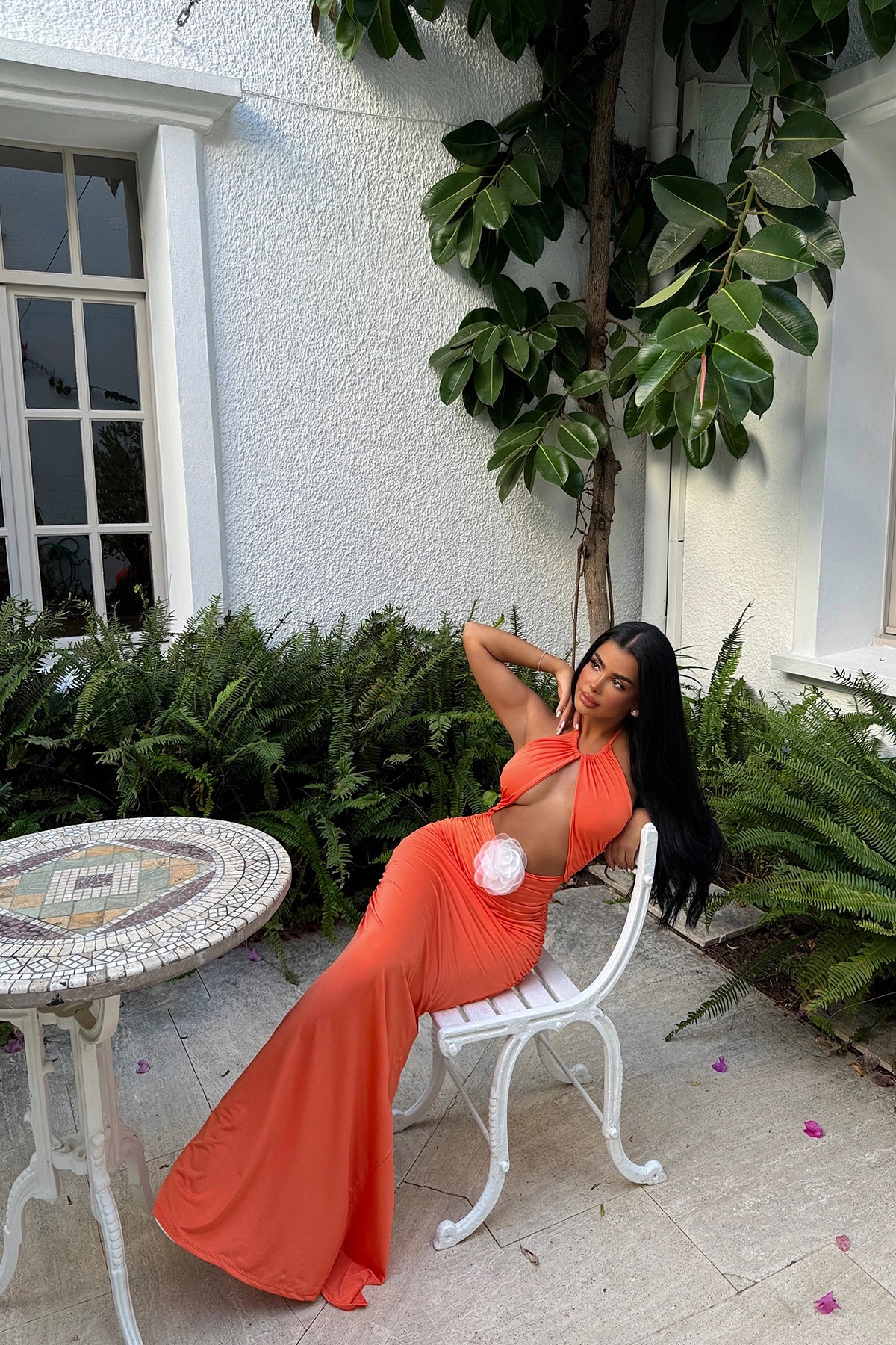 Rose Detailed Orange Maxi Dress