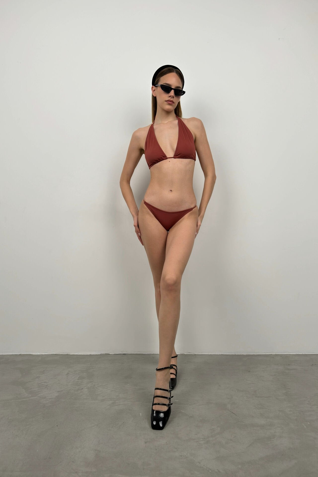 Triangle Gathered Brown Bikini Set