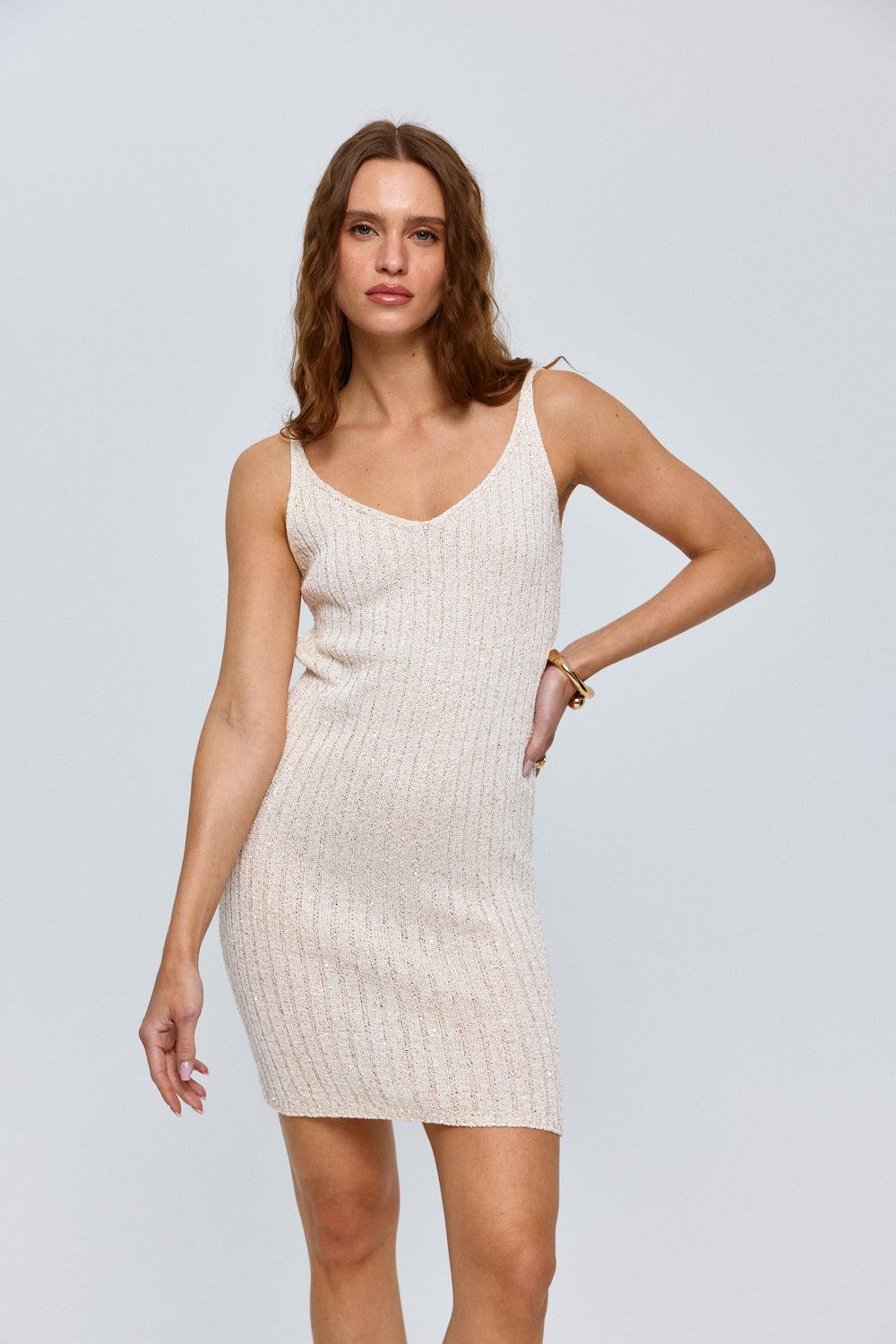 V-Necklined Sleeveless Ecru Mini Knitwear Dress