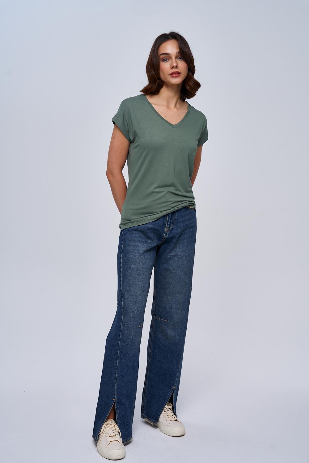 Basic Khaki T-Shirt with V-Neckline for Women