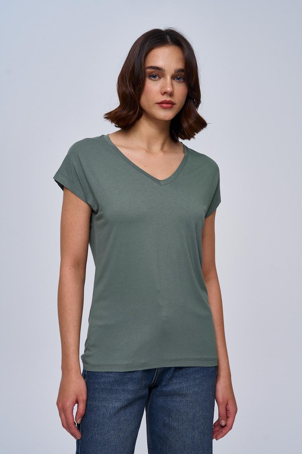 Basic Khaki T-Shirt mit V-Ausschnitt für Frauen