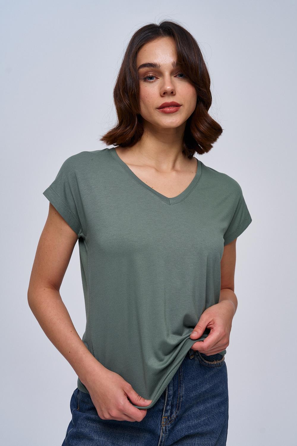 Basic Khaki T-Shirt mit V-Ausschnitt für Frauen