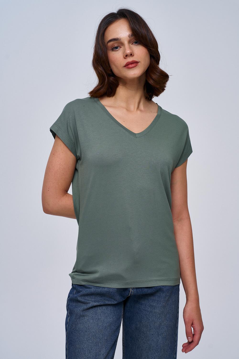 Basic Khaki T-Shirt mit V-Ausschnitt für Frauen