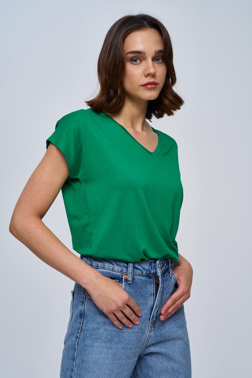 V-Neckline Basic Green T-Shirt for Women