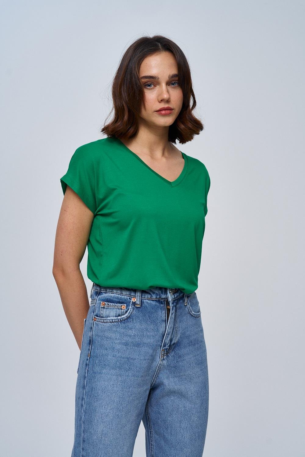 V-Neckline Basic Green T-Shirt for Women