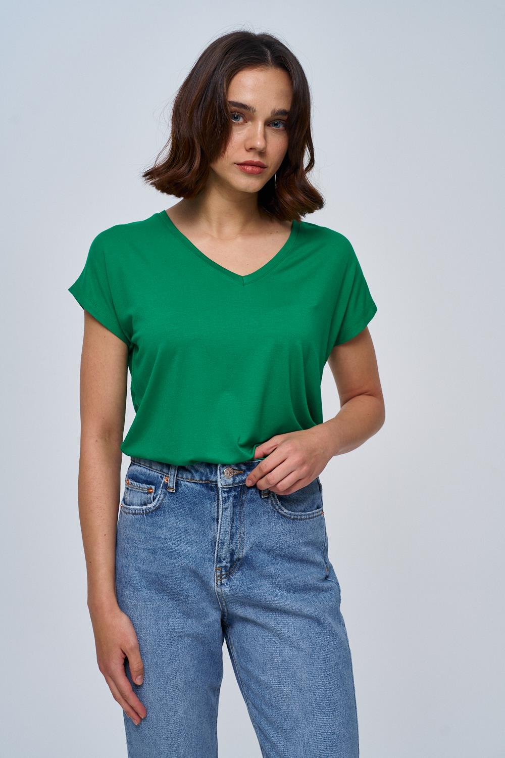 V-Neckline Basic Green T-Shirt for Women