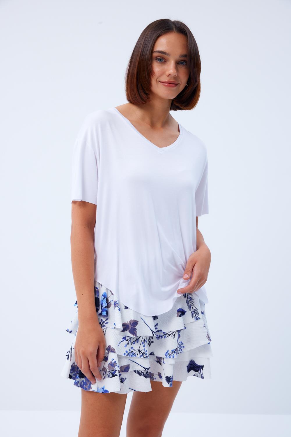 V-Neckline Basic Soft Textured White T-Shirt for Women