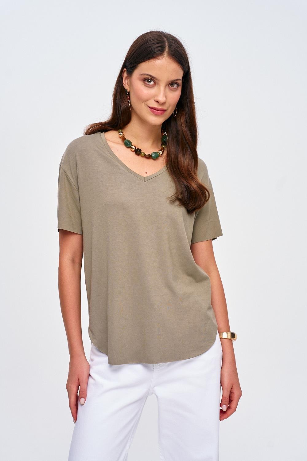 V-Ausschnitt Basic Weiche Strukturierte Khaki T-Shirt für Frauen