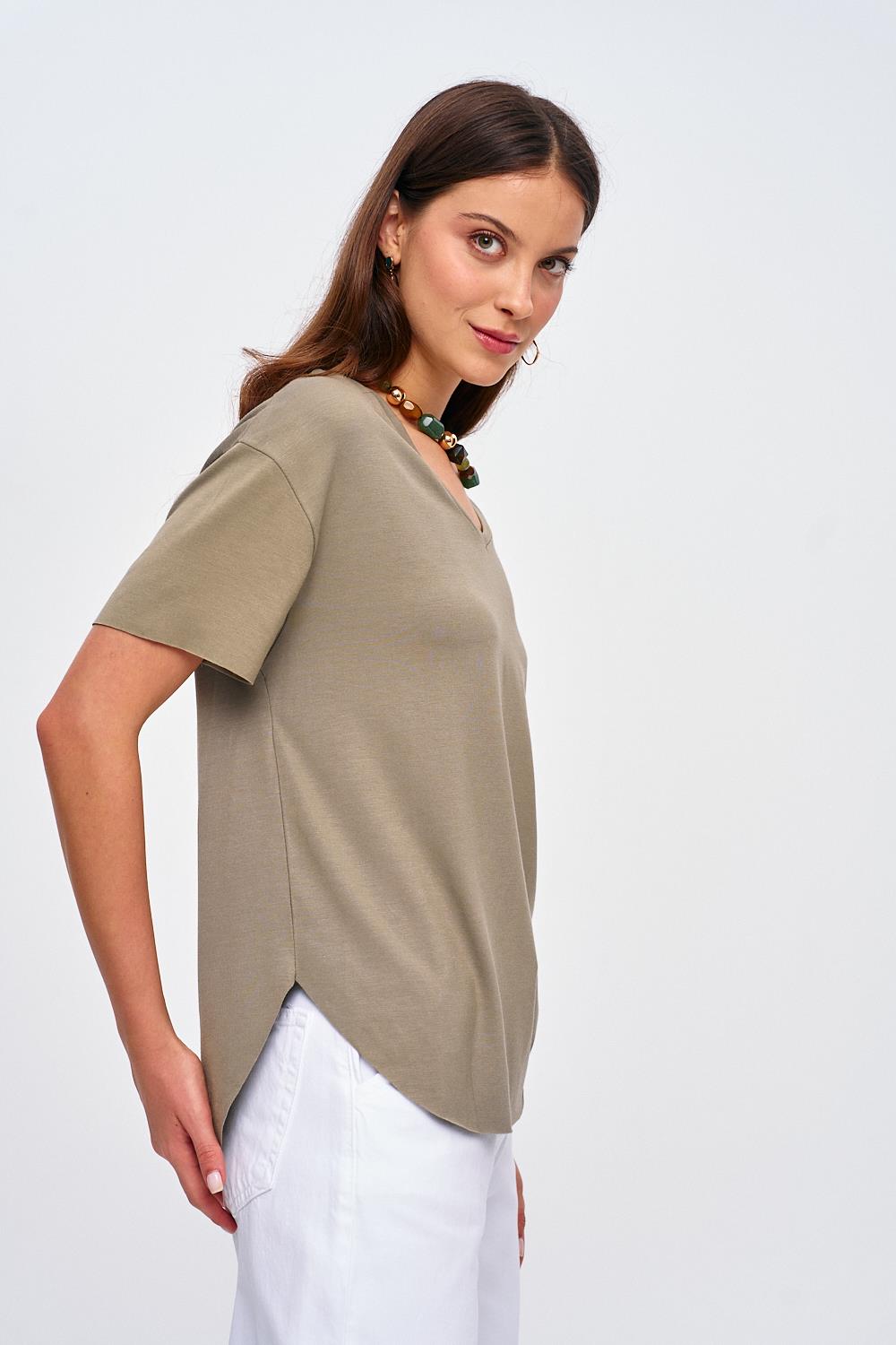 V-Ausschnitt Basic Weiche Strukturierte Khaki T-Shirt für Frauen