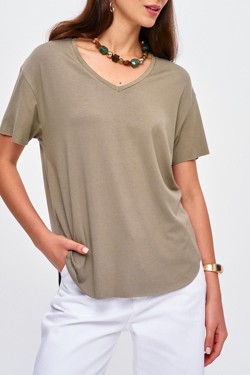 V-Ausschnitt Basic Weiche Strukturierte Khaki T-Shirt für Frauen