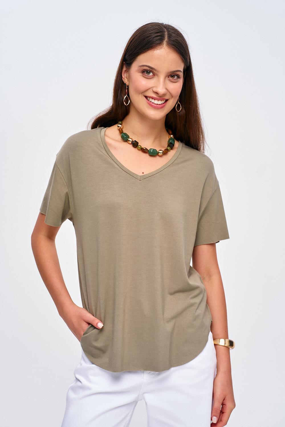 V-Ausschnitt Basic Weiche Strukturierte Khaki T-Shirt für Frauen