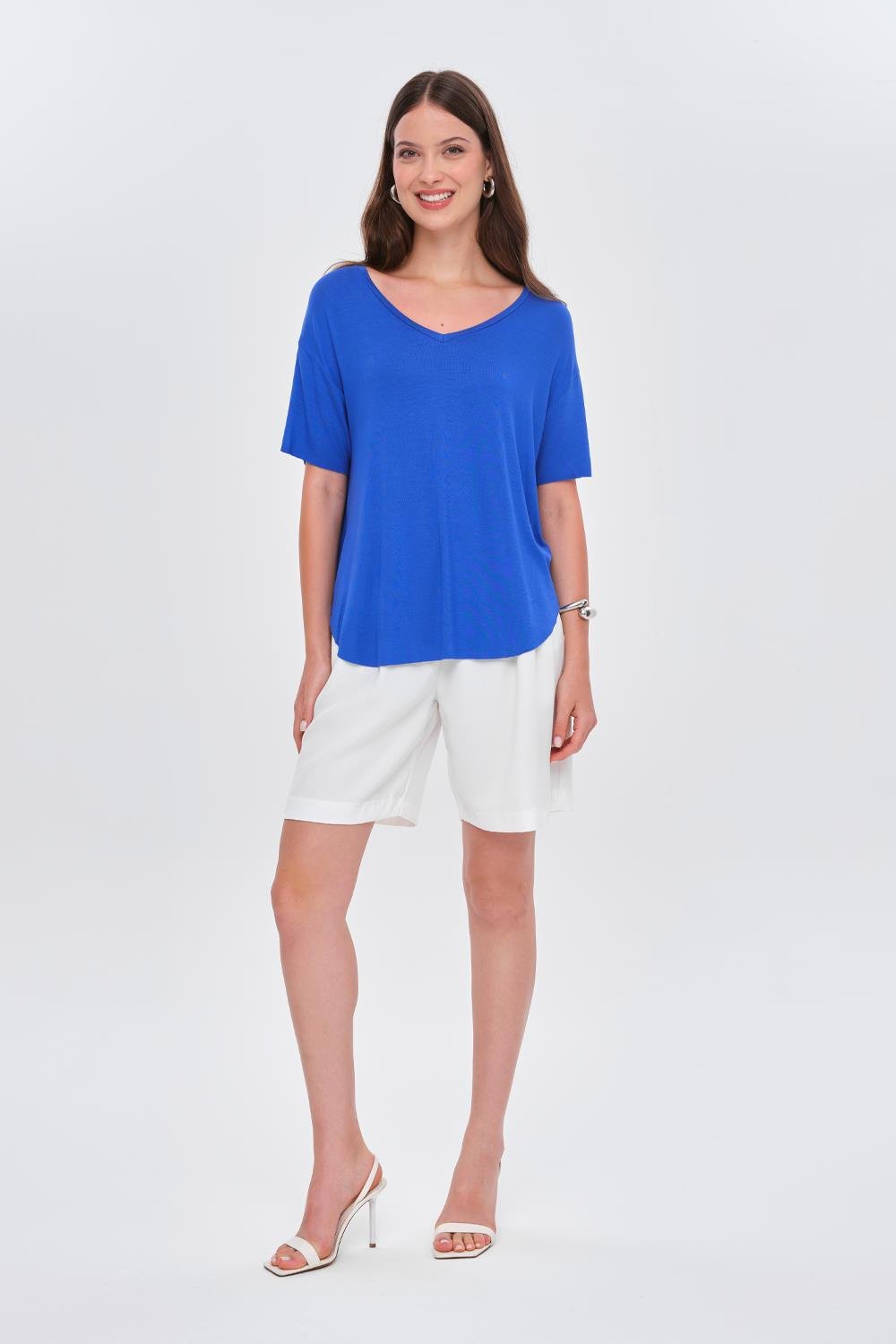 V-Neckline Basic Soft Textured Saks Blue T-Shirt for Women