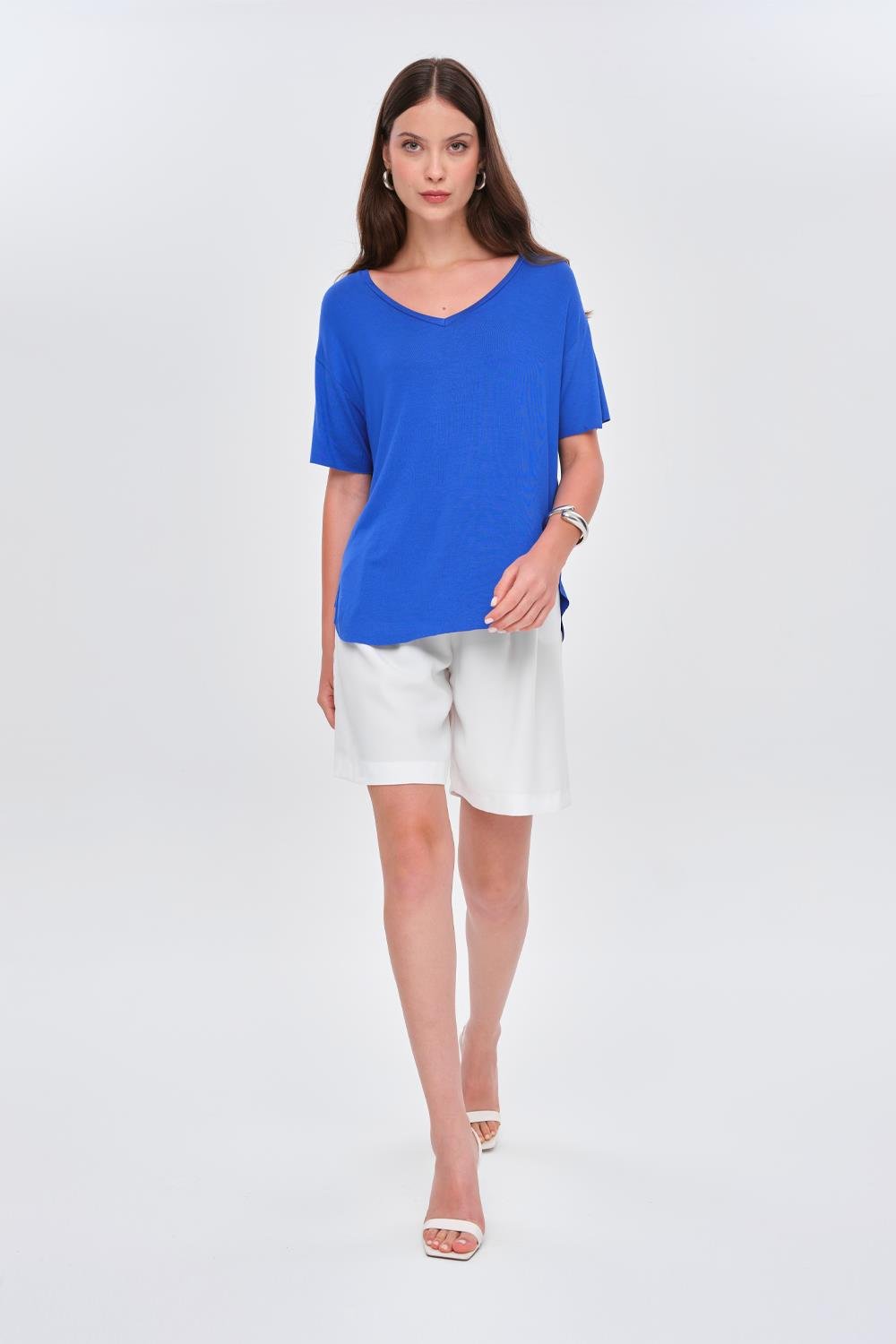 V-Neckline Basic Soft Textured Saks Blue T-Shirt for Women