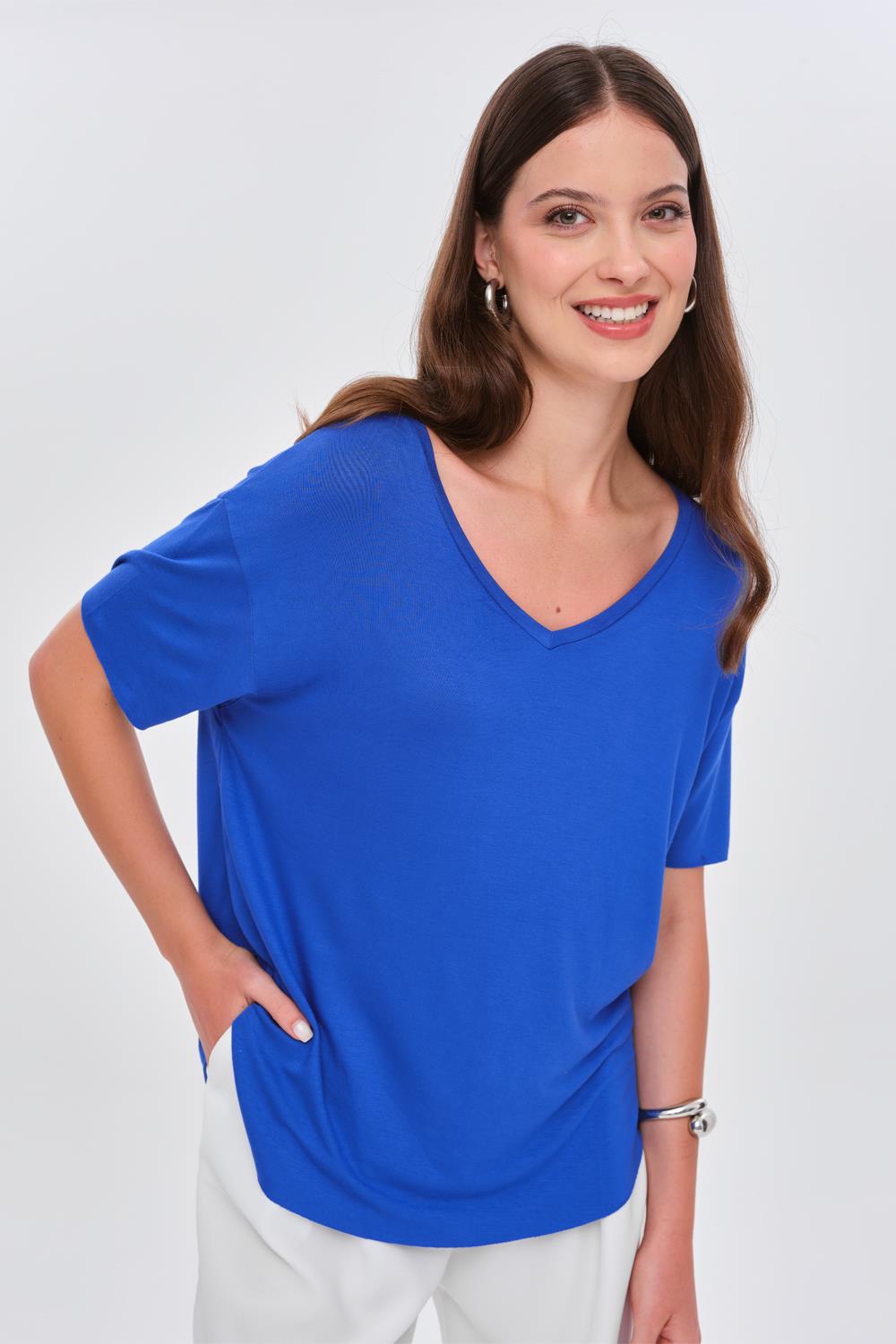 V-Neckline Basic Soft Textured Saks Blue T-Shirt for Women