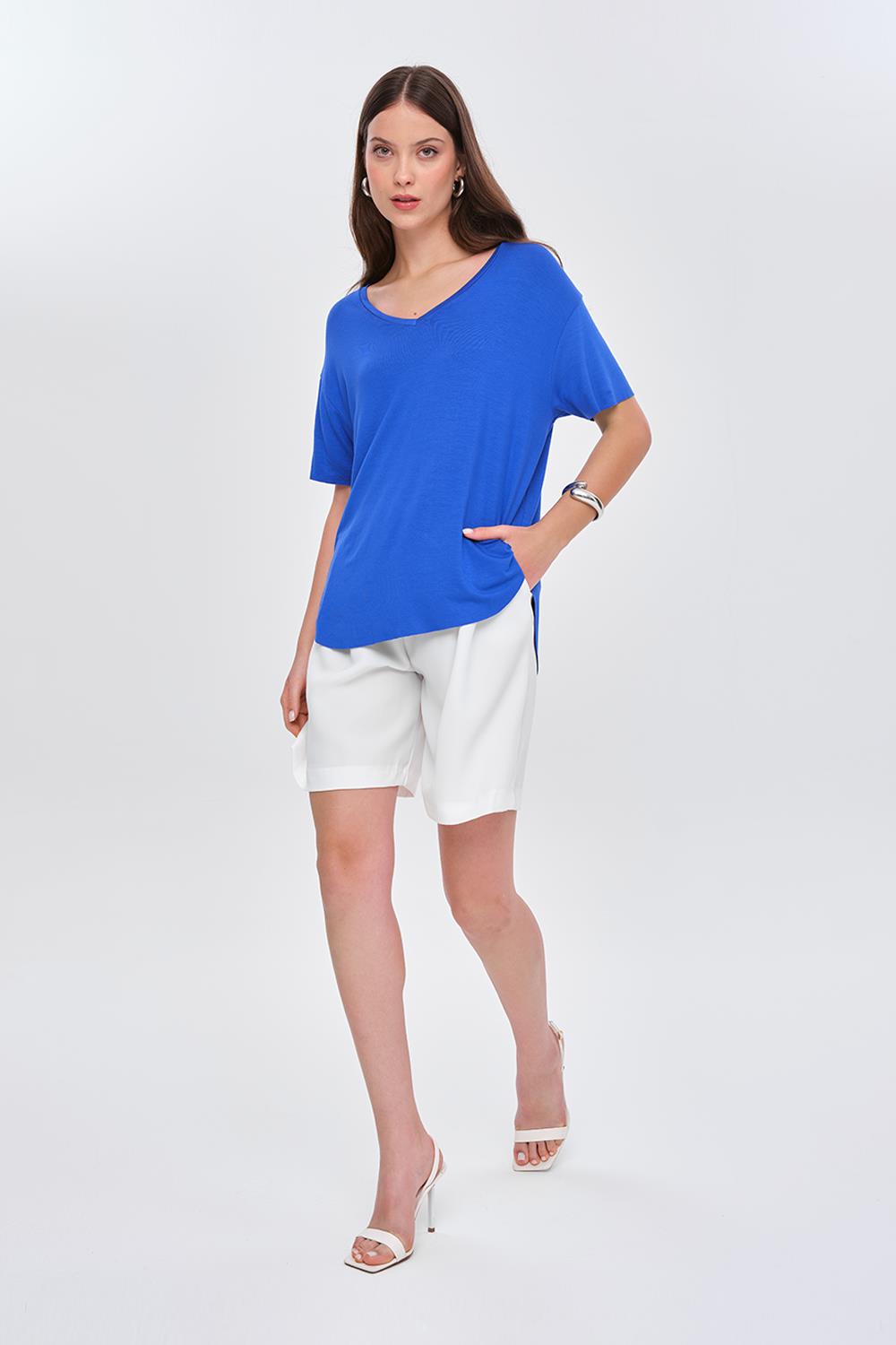 V-Neckline Basic Soft Textured Saks Blue T-Shirt for Women