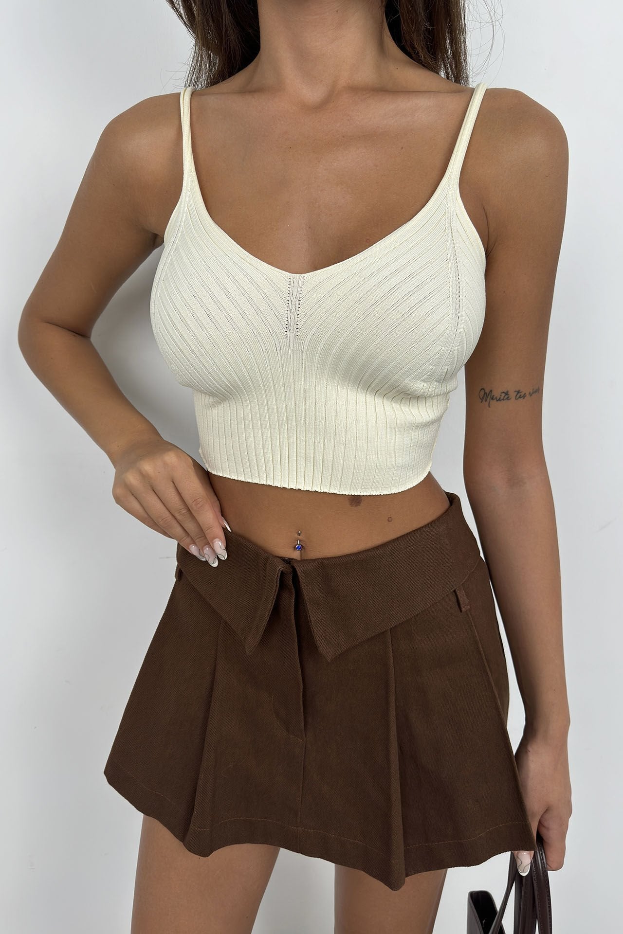 V Neck Ecru Crop Blouse