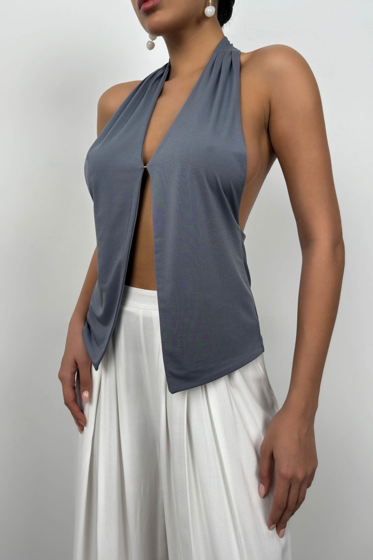 V Neck Low Back Gray Blouse