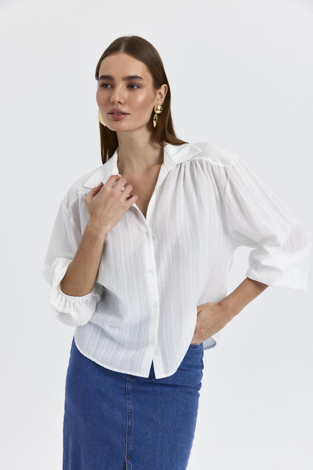 Long Sleeved White Shirt with V-Neckline for Women