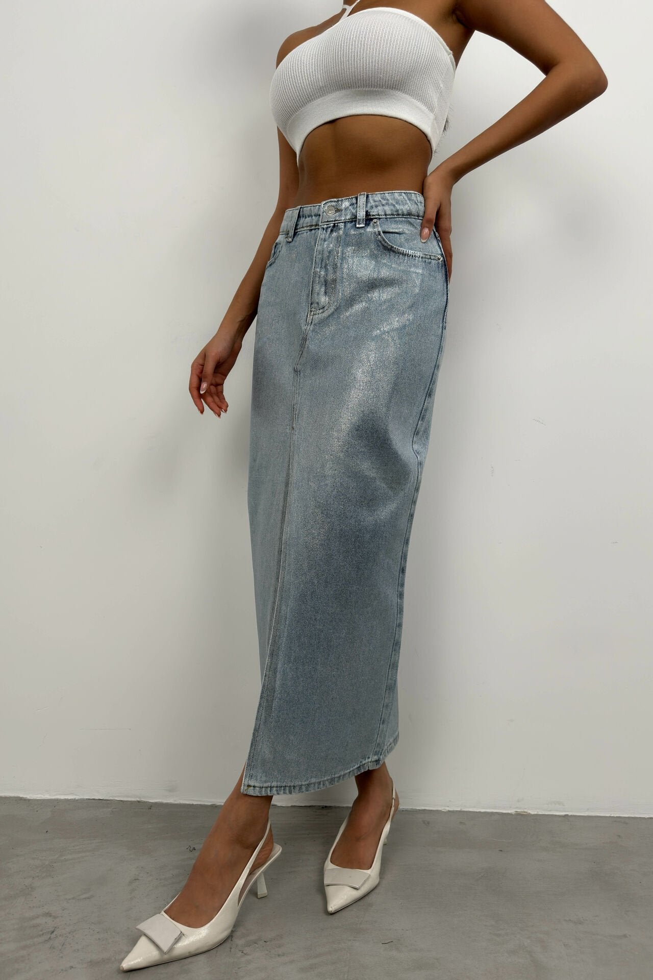 Foil Printed Slit Blue Maxi Denim Skirt