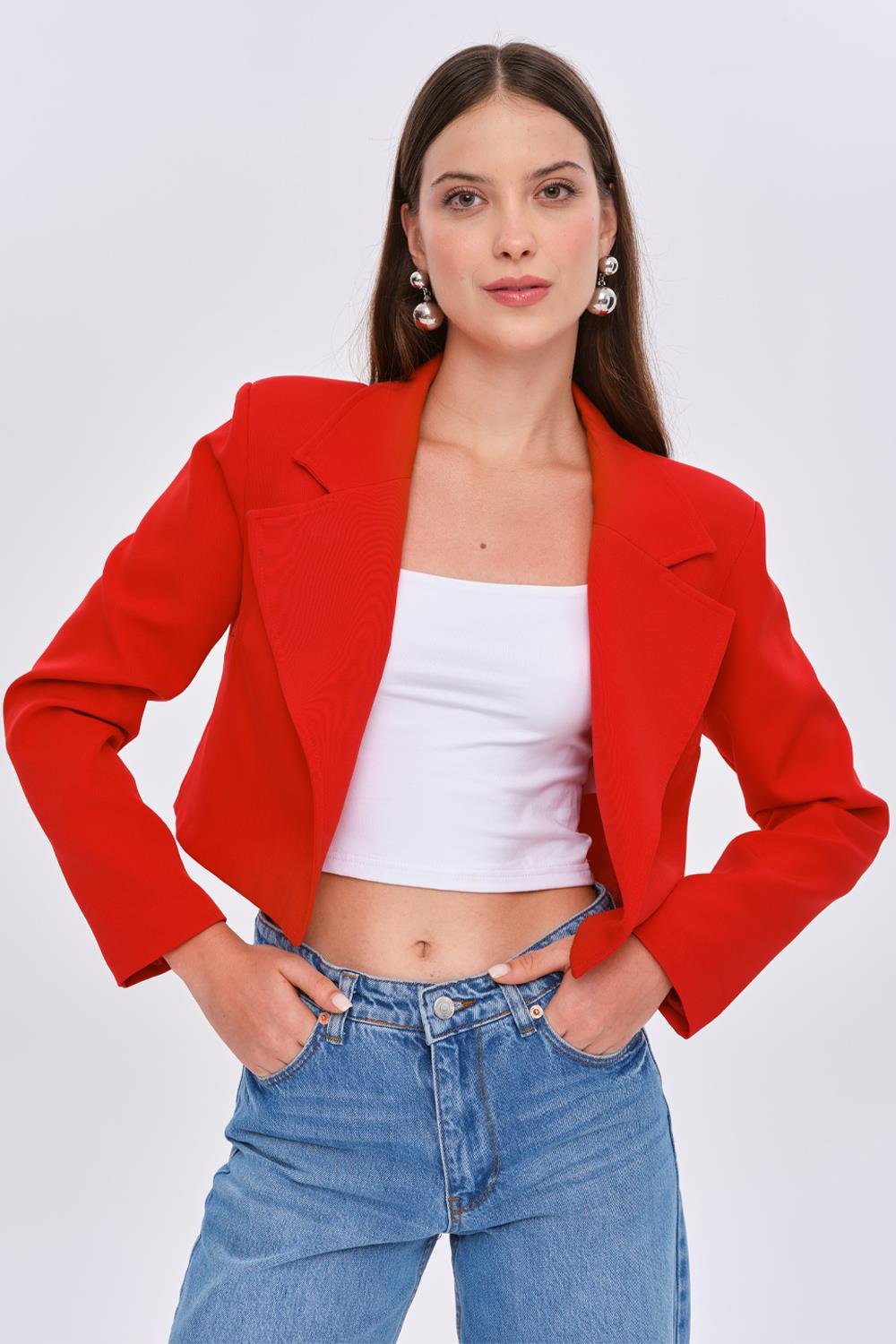 Padded Red Cropped Blazer for Women