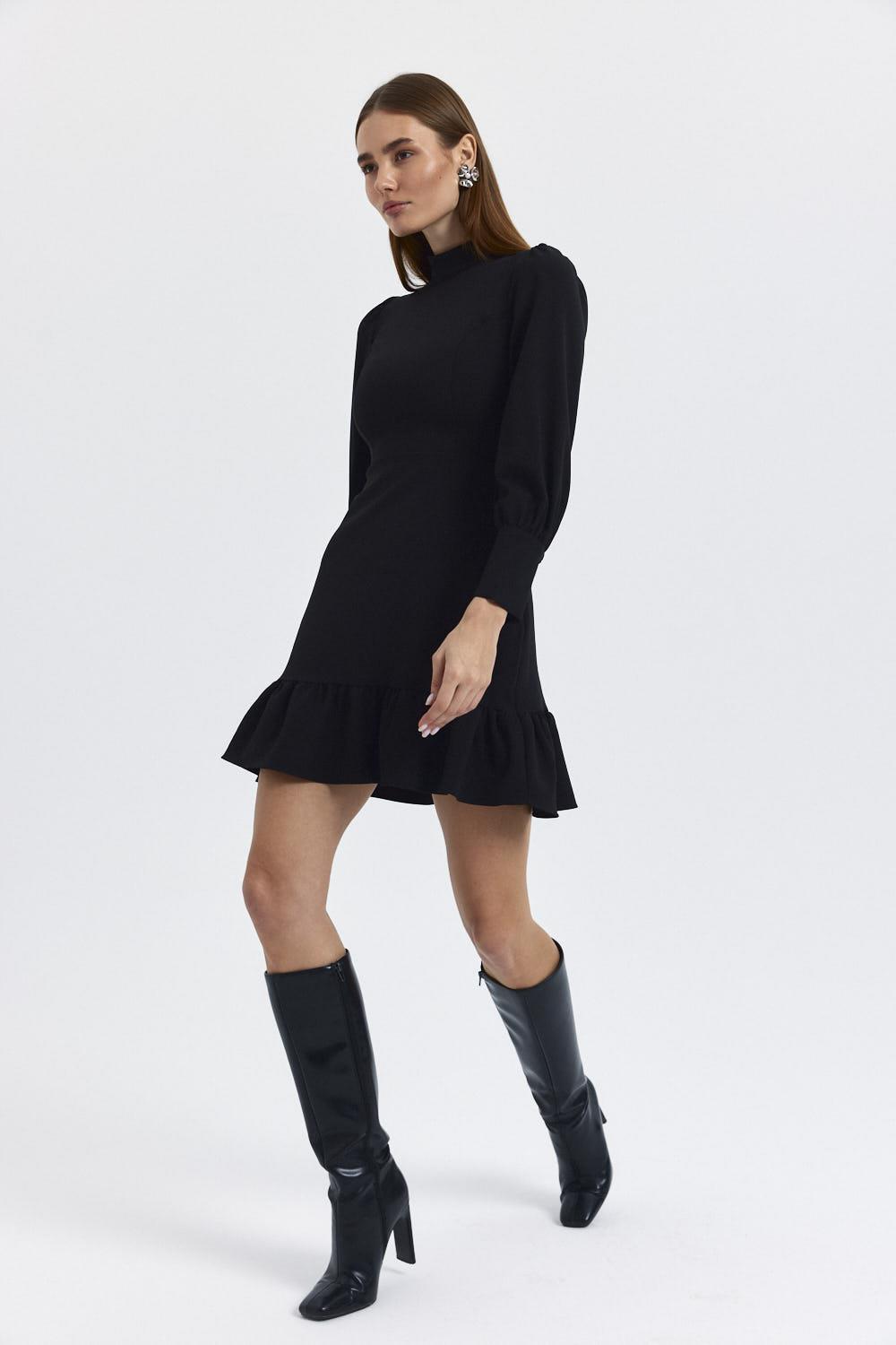 Flounce Detailed Black Mini Dress