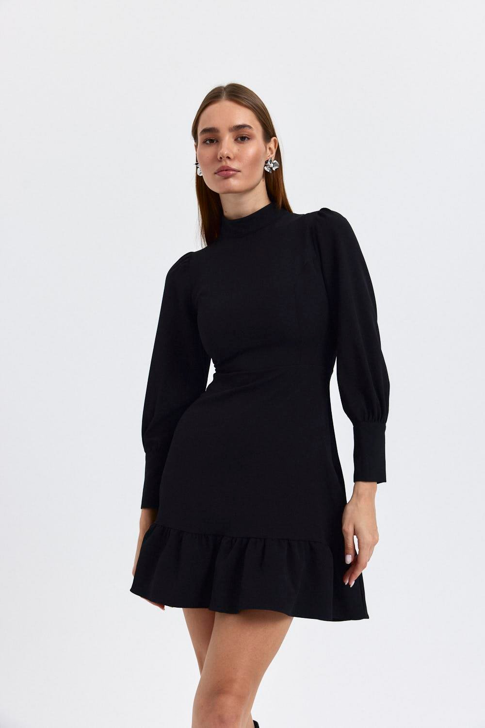 Flounce Detailed Black Mini Dress