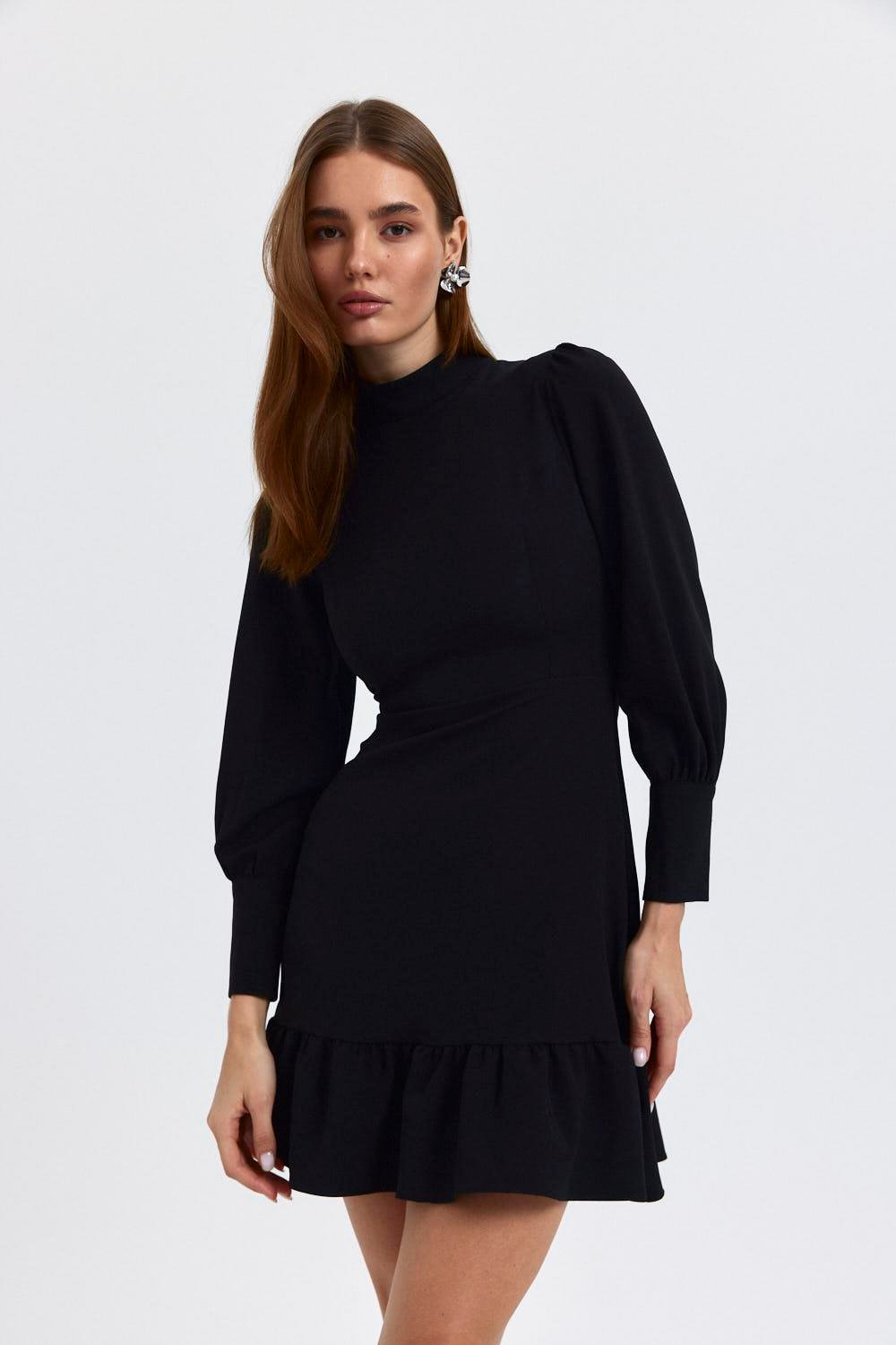 Flounce Detailed Black Mini Dress