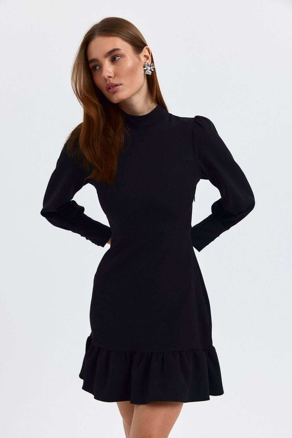 Flounce Detailed Black Mini Dress