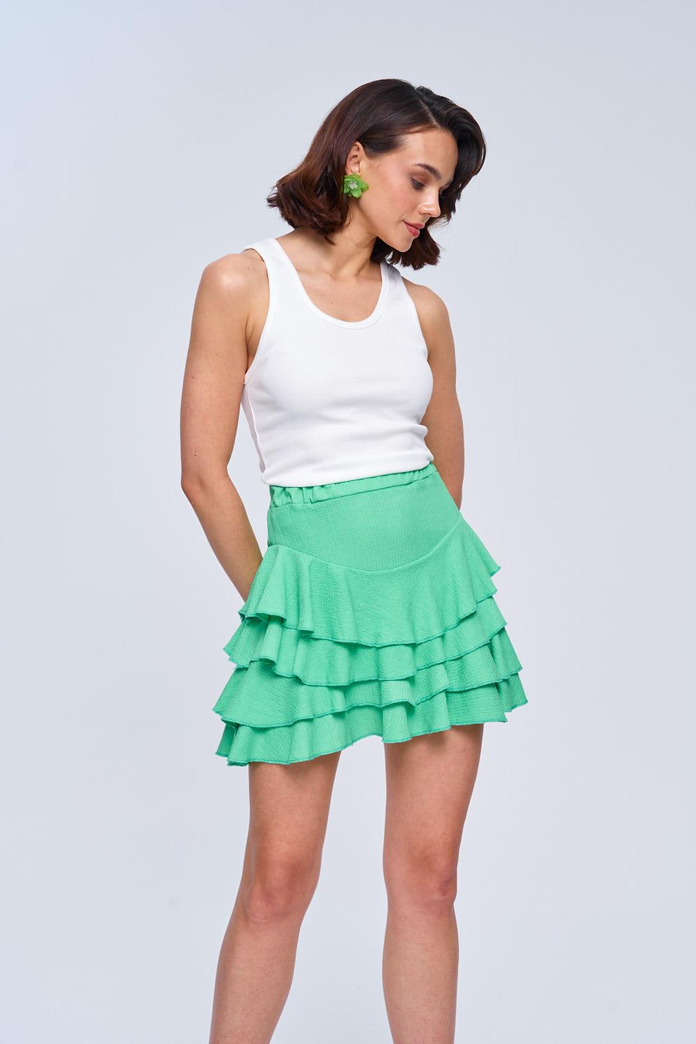 Flounce Detailed Green Mini Skirt