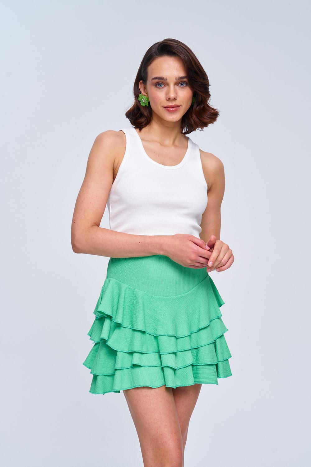 Flounce Detailed Green Mini Skirt