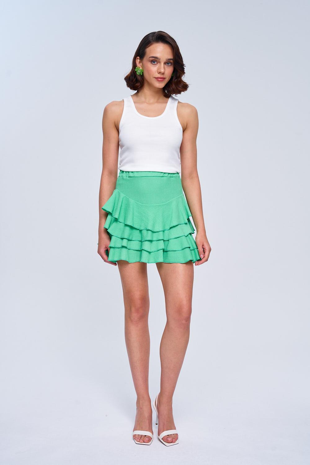 Flounce Detailed Green Mini Skirt