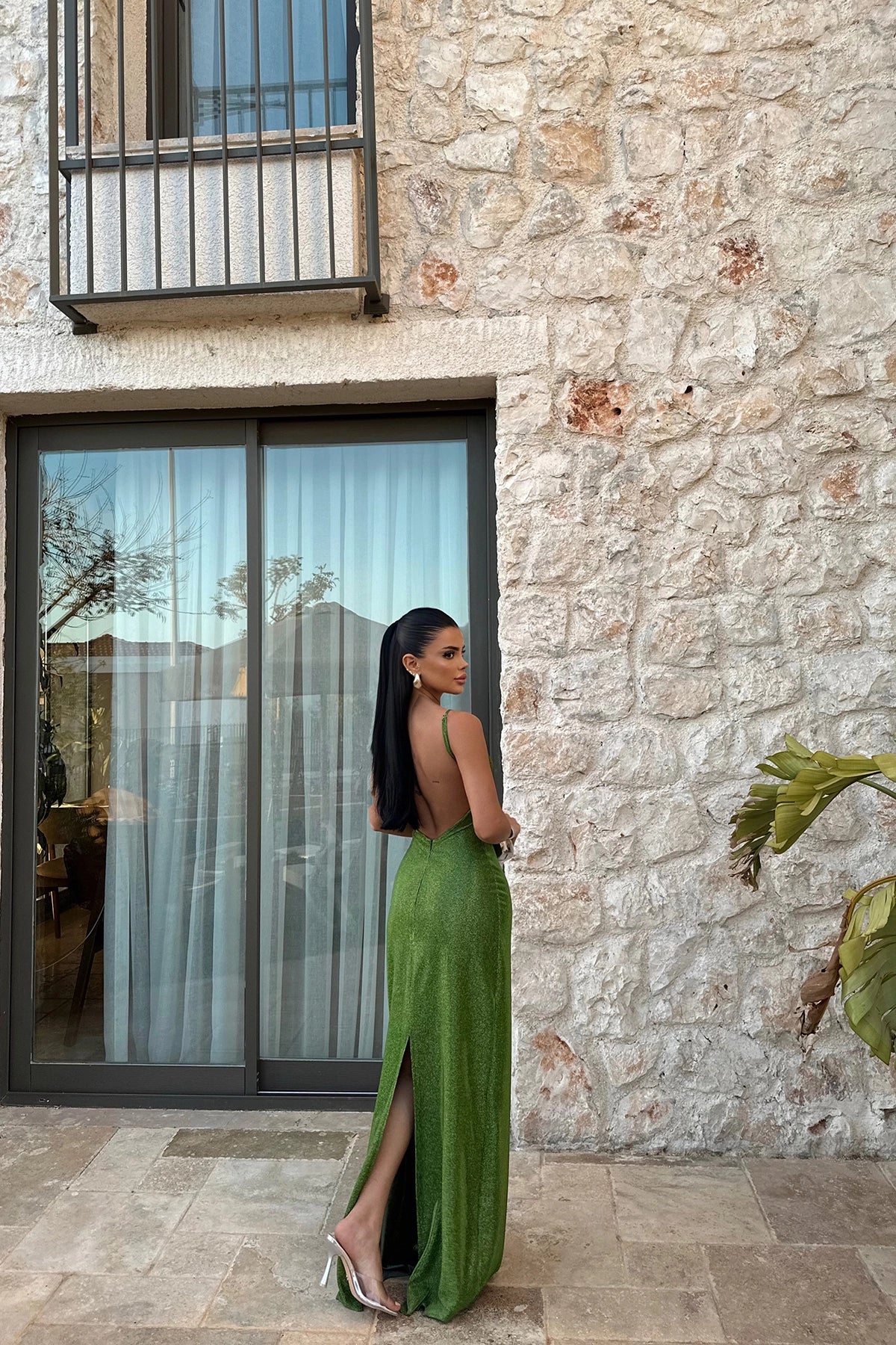 Backless Green Maxi Glitter Dress