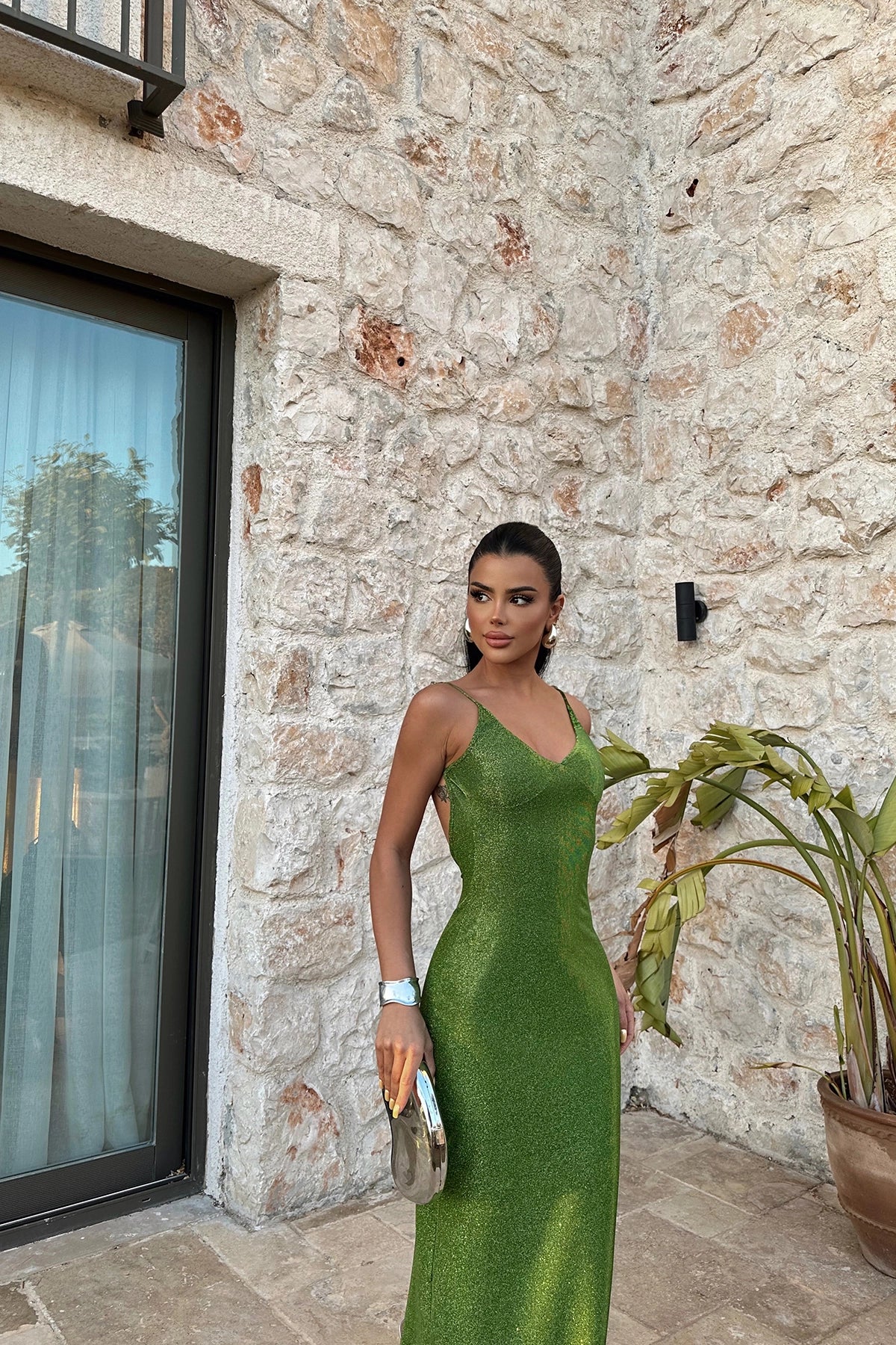 Backless Green Maxi Glitter Dress