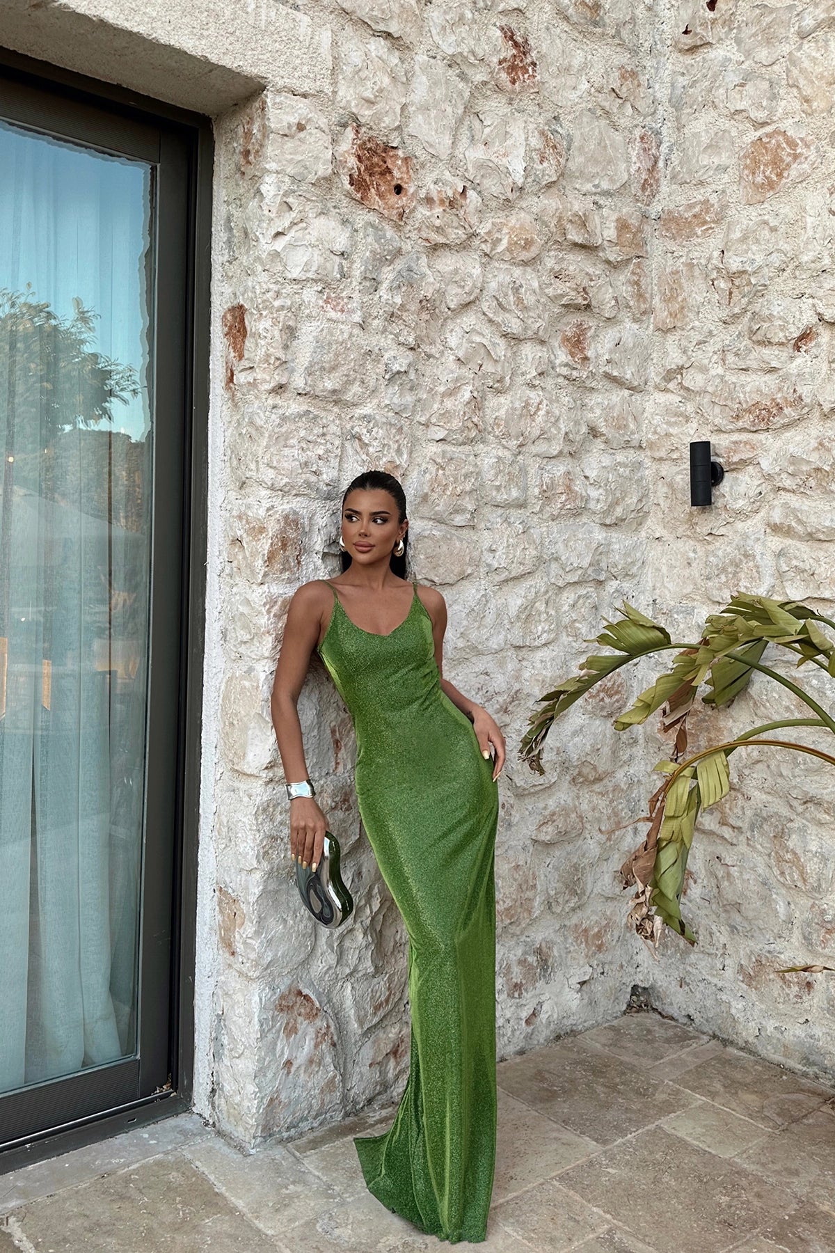 Backless Green Maxi Glitter Dress