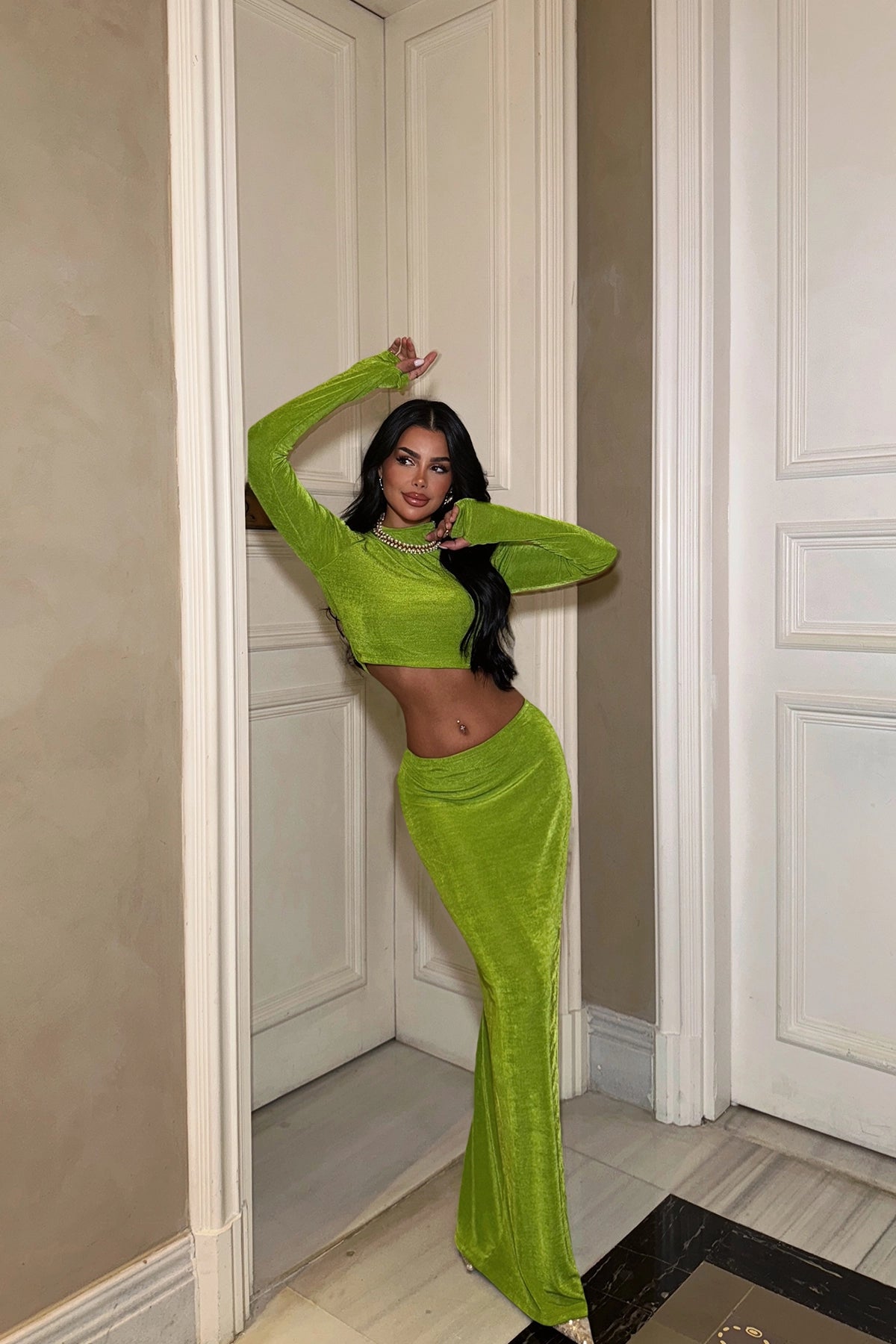 Basic Long Sleeved Green Skirt Set