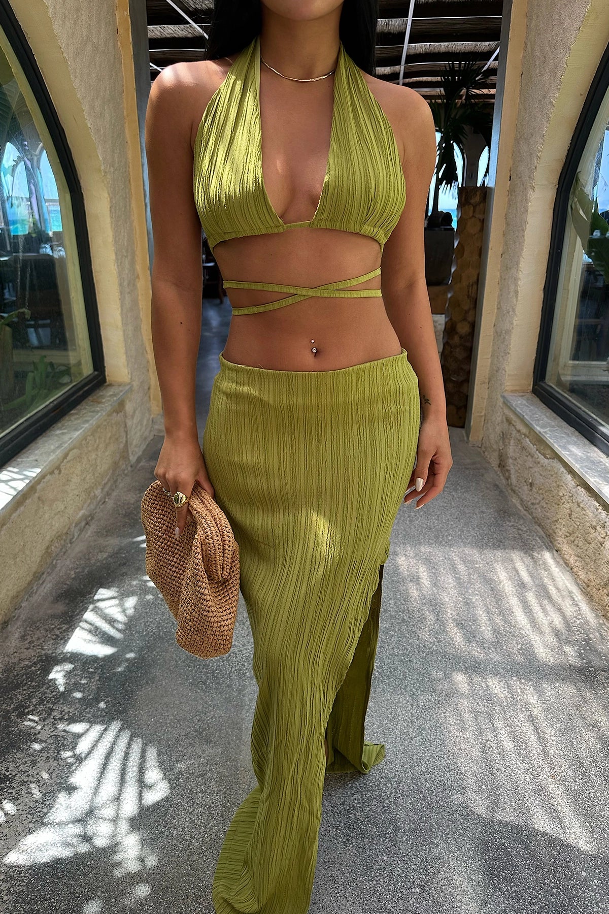 Slit Detailed Green Ribbed Skirt Suit