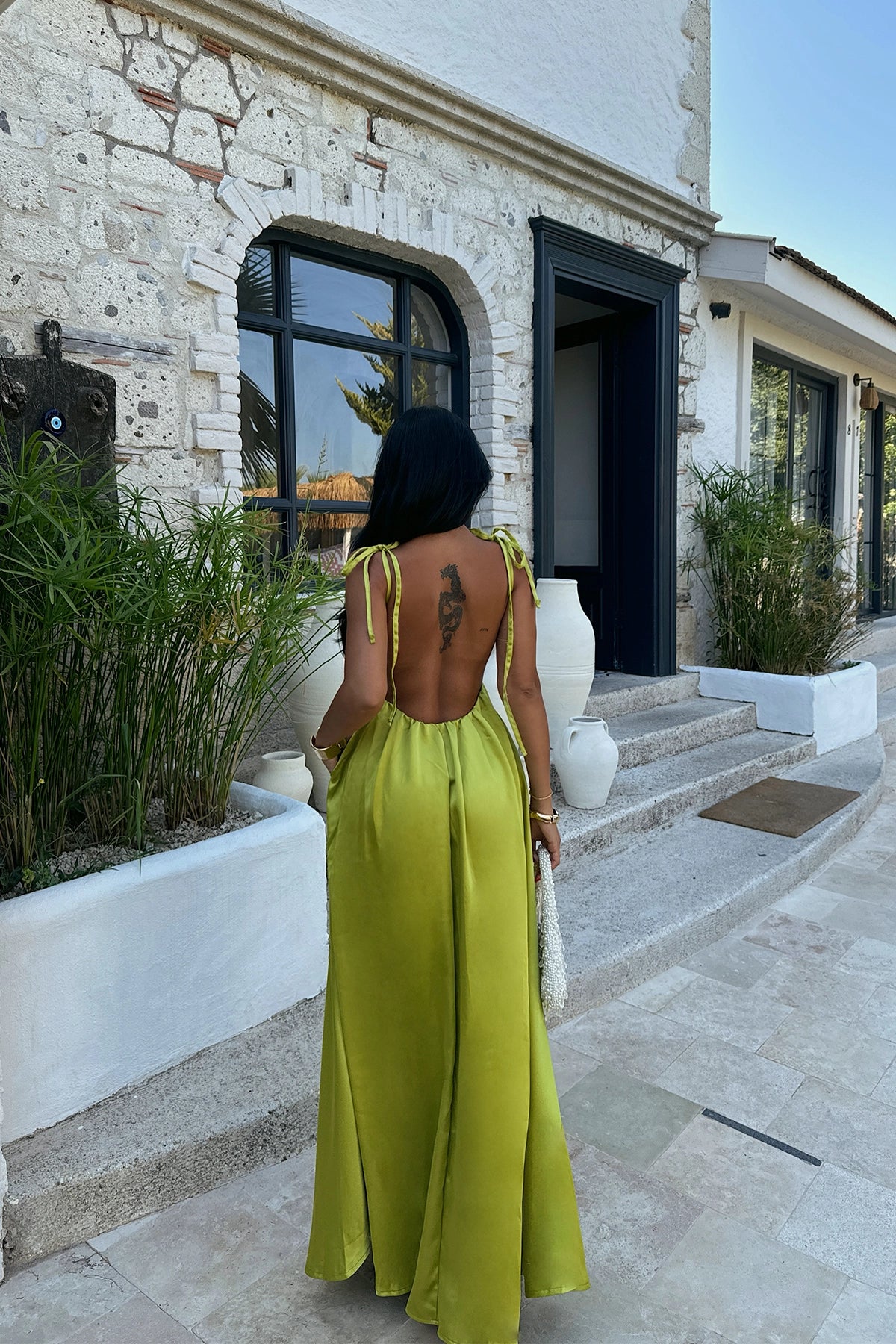 Backless Satin Green Gala Maxi Dress