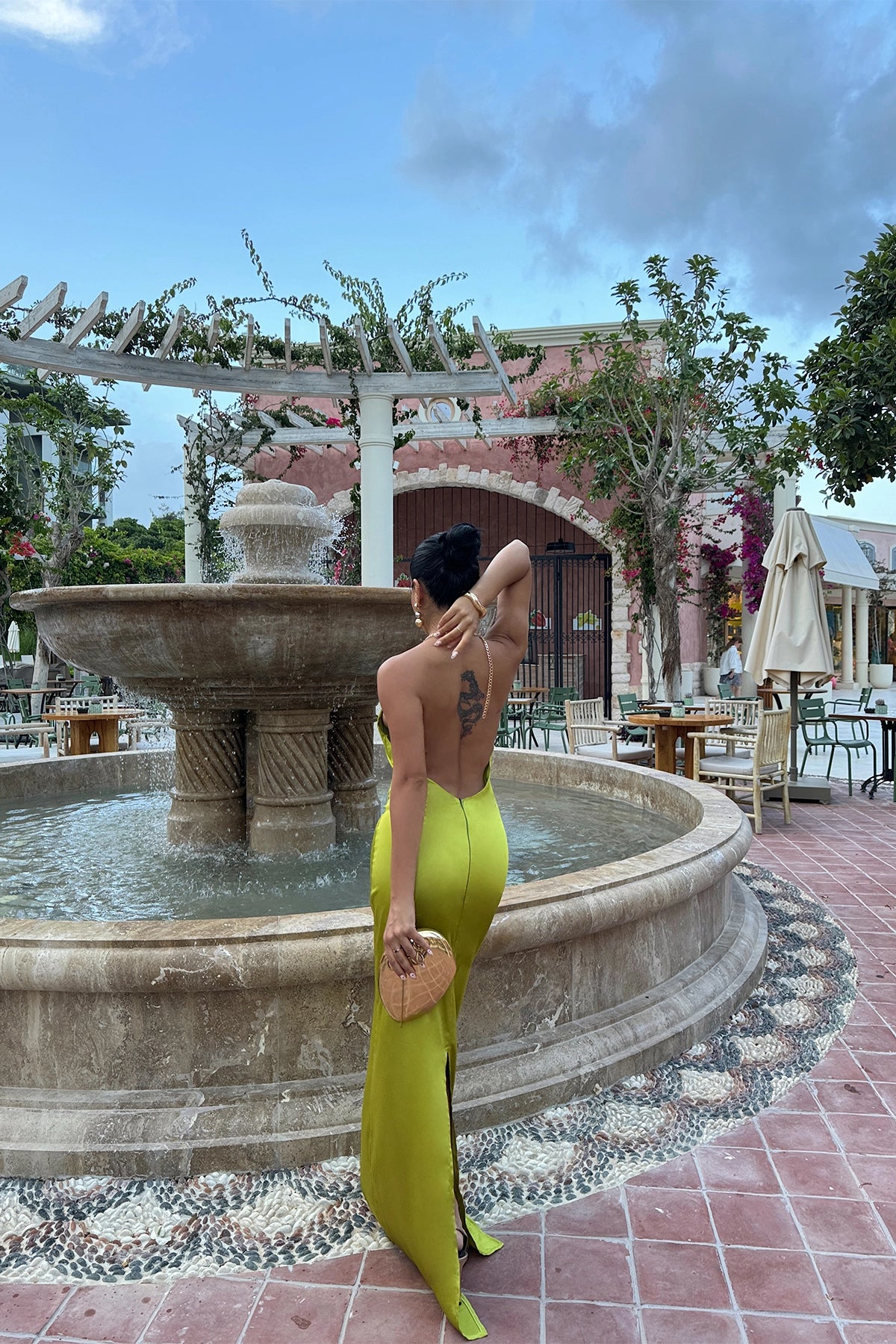 Backless Satin Green Maxi Dress with Chain Strap