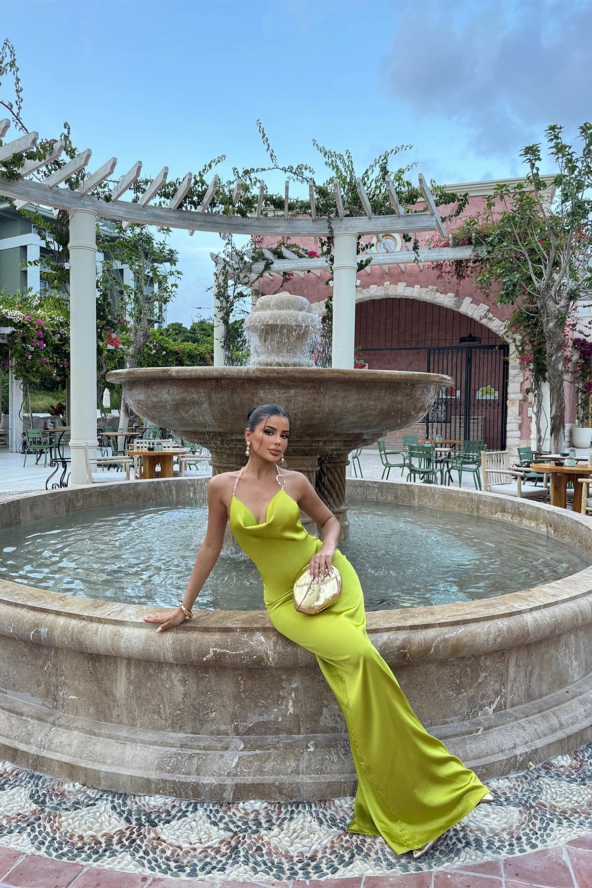 Backless Satin Green Maxi Dress with Chain Strap