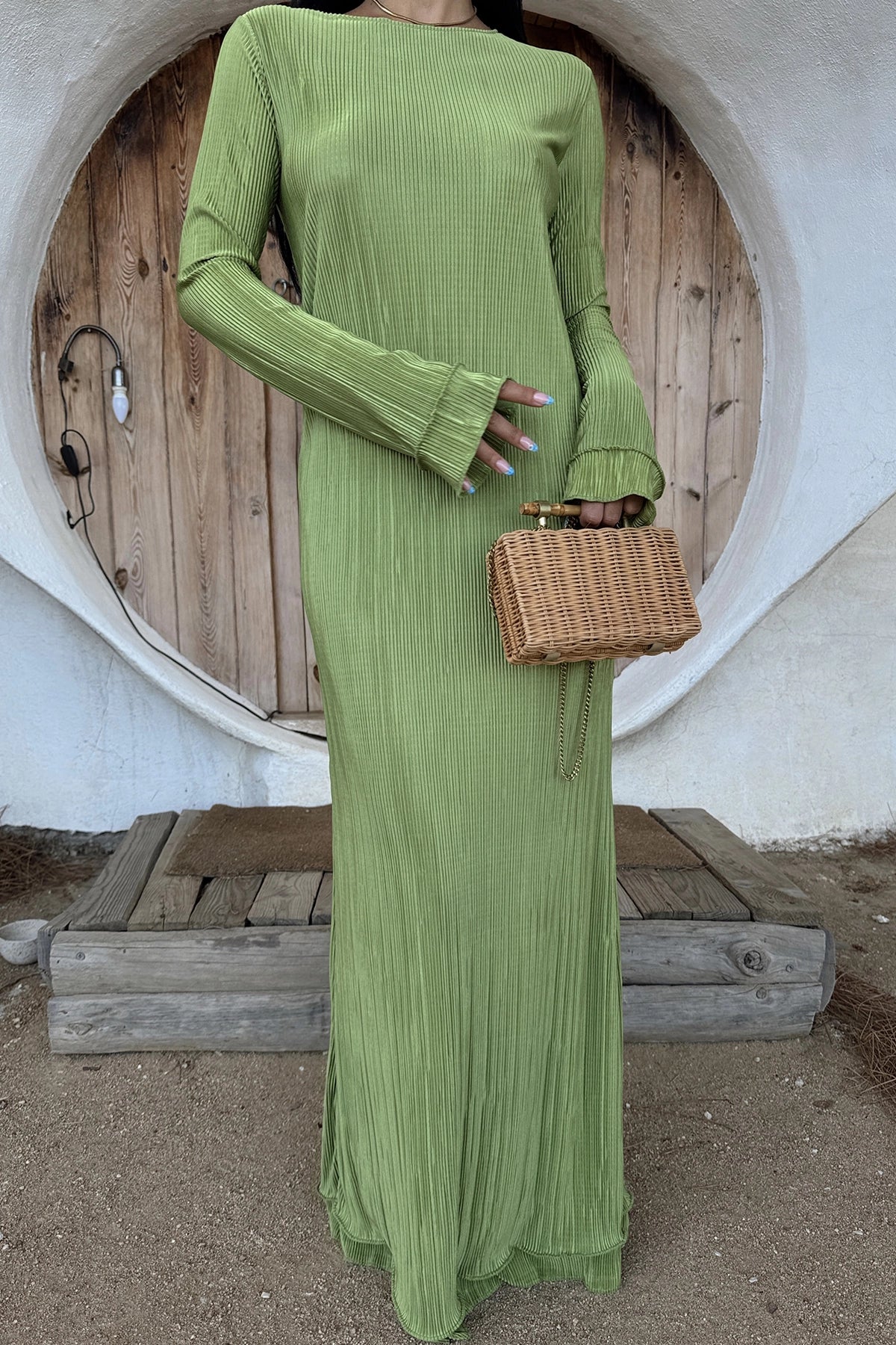 Crew Neck Pleated Green Satin Maxi Dress